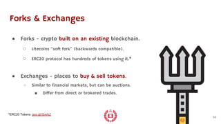 Forks & Exchanges
● Forks - crypto built on an existing blockchain.
○ Litecoins “soft fork” (backwards compatible).
○ ERC2...
