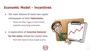Economic Model - Incentives
● The main feature of most new crypto
whitepapers is their Tokenomics.
○ These are often vague...