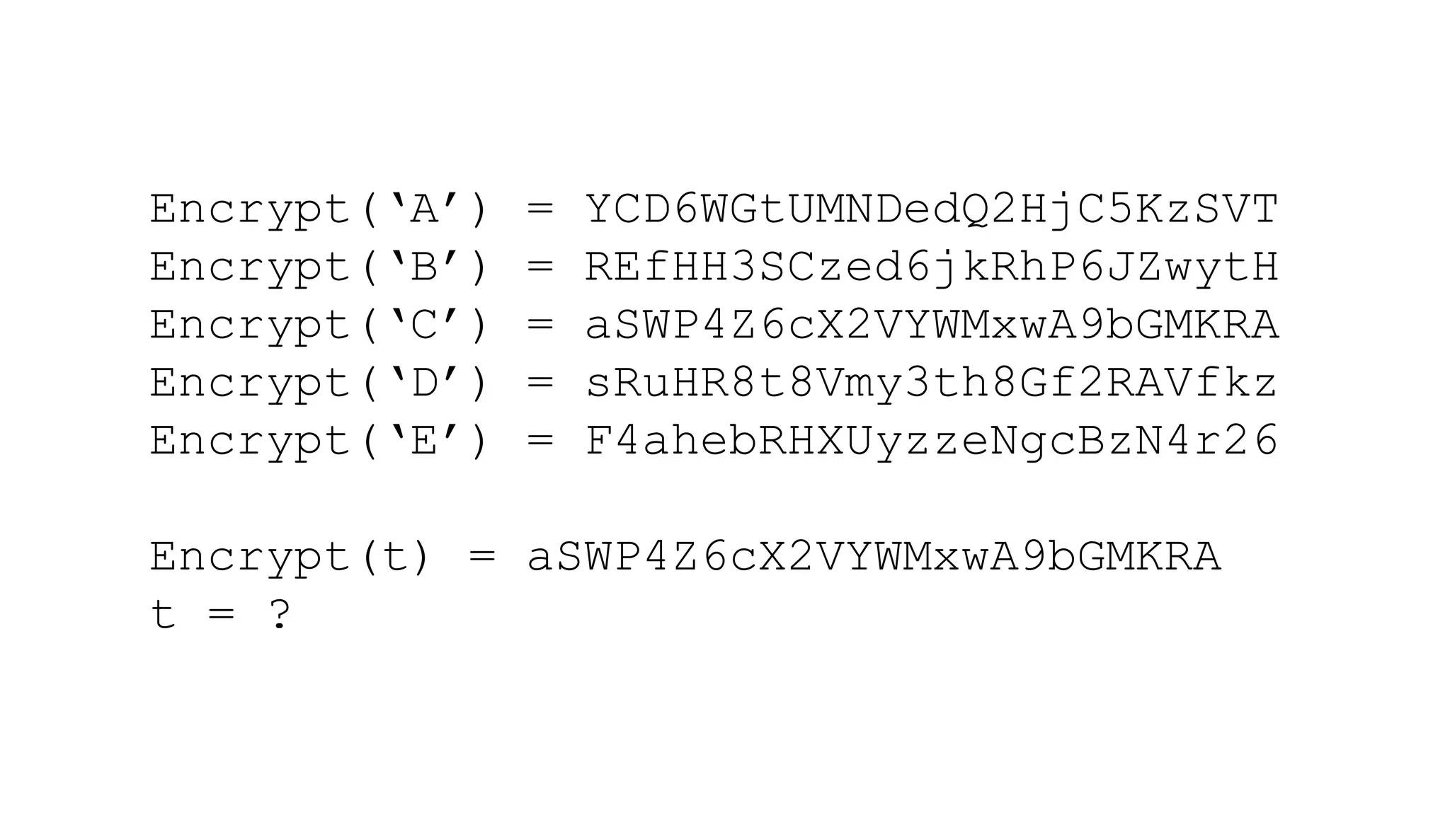 Encrypt(‘A’) = YCD6WGtUMNDedQ2HjC5KzSVT
Encrypt(‘B’) = REfHH3SCzed6jkRhP6JZwytH
Encrypt(‘C’) = aSWP4Z6cX2VYWMxwA9bGMKRA
Encrypt(‘D’) = sRuHR8t8Vmy3th8Gf2RAVfkz
Encrypt(‘E’) = F4ahebRHXUyzzeNgcBzN4r26
Encrypt(t) = aSWP4Z6cX2VYWMxwA9bGMKRA
t = ?
 