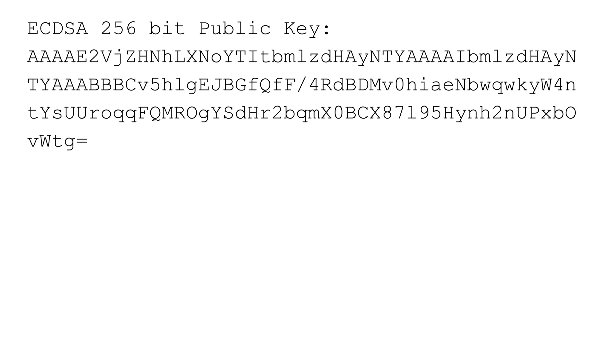 ECDSA 256 bit Public Key:
AAAAE2VjZHNhLXNoYTItbmlzdHAyNTYAAAAIbmlzdHAyN
TYAAABBBCv5hlgEJBGfQfF/4RdBDMv0hiaeNbwqwkyW4n
tYsUUroqqFQMROgYSdHr2bqmX0BCX87l95Hynh2nUPxbO
vWtg=
 