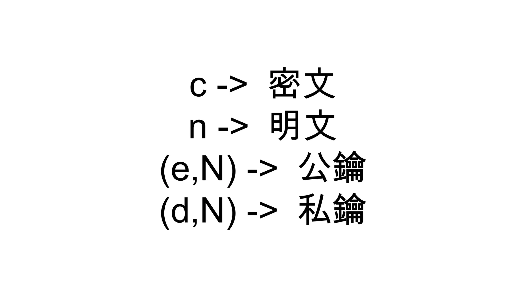 c -> 密文
n -> 明文
(e,N) -> 公鑰
(d,N) -> 私鑰
 