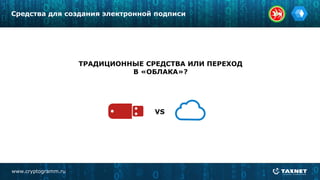 www.cryptogramm.ru
Средства для создания электронной подписи
ТРАДИЦИОННЫЕ СРЕДСТВА ИЛИ ПЕРЕХОД
В «ОБЛАКА»?
VS
 
