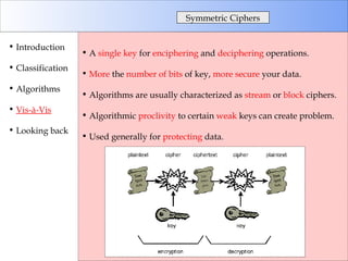 A  single key  for  enciphering  and  deciphering  operations. More  the  number of bits  of key,  more secure  your data. Algorithms are usually characterized as  stream  or  block  ciphers. Algorithmic  proclivity  to certain  weak  keys can create problem. Used generally for  protecting  data. Symmetric Ciphers Introduction Classification Algorithms Vis-à-Vis Looking back 