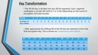 Key Transformation:
• The 56-bit key is divided into two 28-bit segments. Each segment
undergoes a circular left shift of 1 or 2 bits depending on the round of
encryption (16 total rounds).
1 2 3 4 5 6 7 8 9 10 11 12 13 14 15 16
1 1 2 2 2 2 2 2 1 2 2 2 2 2 2 1
Round
Number of
bits shifted
• After appropriate bit shifting 48 of the 56 bits are selected to form the
final encryption key. This is known as compression permutation.
14 17 11 24 1 5 3 28 15 6 21 10
23 19 12 4 26 8 16 7 27 20 13 2
41 52 31 37 47 55 30 40 51 45 33 48
44 49 39 56 34 53 46 42 50 36 29 32
 