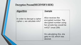Decryption Process(RECEIVER’S SIDE)
Algorithm
In order to decrypt a cipher
cipher c, we calculate m≡cd
Example
Alice receives the
encrypted number. The
decrypted number using
her private key would be
m≡327 (mod 209)
On calculating this, she
gets m=10, which was
desired.
 