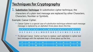 Techniques for Cryptography
1. Substitution Technique: In substitution cipher technique, the
characters of a plain text message are replaced by other Characters,
Characters, Number or Symbols.
Example: Caesar Cipher.
• Caesar Cipher is a special case of substitution technique wherein each message
message is replaced by an alphabet three place down the line.
• To decrypt Caesar Cipher we have to replace each alphabet in cipher text
text message with the alphabet that is three place up the line.
A B C D E F G H I J K L M N O P Q R S T U V W X Y Z
D E F G H I J K L M N O P Q R S T U V W X Y Z A B C
F R P H K H U H
C O M E H E R E
 