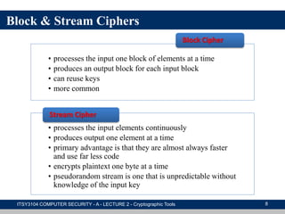 Block & Stream Ciphers
• processes the input one block of elements at a time
• produces an output block for each input block
• can reuse keys
• more common
Block Cipher
• processes the input elements continuously
• produces output one element at a time
• primary advantage is that they are almost always faster
and use far less code
• encrypts plaintext one byte at a time
• pseudorandom stream is one that is unpredictable without
knowledge of the input key
Stream Cipher
ITSY3104 COMPUTER SECURITY - A - LECTURE 2 - Cryptographic Tools 8
 