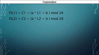 Cryptanalyse
F(L1) = C1 = (a * L1 + b ) mod 26
F(L2) = C2 = (a * L2 + b ) mod 26
 