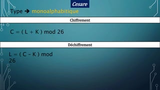 Cesare
Type  monoalphabitique
Chiffrement
C = ( L + K ) mod 26
Déchiffrement
L = ( C – K ) mod
26
 