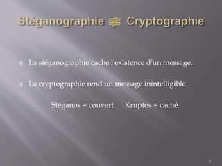  La stéganographie cache l'existence d'un message.
 La cryptographie rend un message inintelligible.
Stéganos = couvert ...