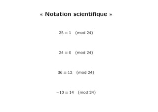 « Notation scientifique »
25 ≡ 1 (mod 24)
24 ≡ 0 (mod 24)
36 ≡ 12 (mod 24)
−10 ≡ 14 (mod 24)
 