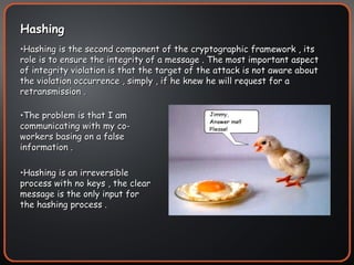 Hashing  Hashing is the second component of the cryptographic framework , its role is to ensure the integrity of a message . The most important aspect of integrity violation is that the target of the attack is not aware about the violation occurrence , simply , if he knew he will request for a retransmission . The problem is that I am communicating with my co-workers basing on a false information . Hashing is an irreversible process with no keys , the clear message is the only input for the hashing process . 