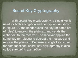           With secret key cryptography, a single key is used for both encryption and decryption. As shown in Figure 1A, the sender uses the key (or some set of rules) to encrypt the plaintext and sends the ciphertext to the receiver. The receiver applies the same key (or ruleset) to decrypt the message and recover the plaintext. Because a single key is used for both functions, secret key cryptography is also called symmetric encryption.Secret Key Cryptography