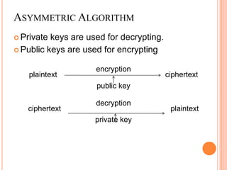 ASYMMETRIC ALGORITHM
 Private keys are used for decrypting.
 Public keys are used for encrypting


                     encryption
    plaintext                             ciphertext
                     public key

                     decryption
   ciphertext                              plaintext
                     private key
 