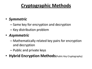 Cryptographic Methods

• Symmetric
   – Same key for encryption and decryption
   – Key distribution problem
• Asymmetric
   – Mathematically related key pairs for encryption
     and decryption
   – Public and private keys
• Hybrid Encryption Methods(Public Key Cryptography)
 