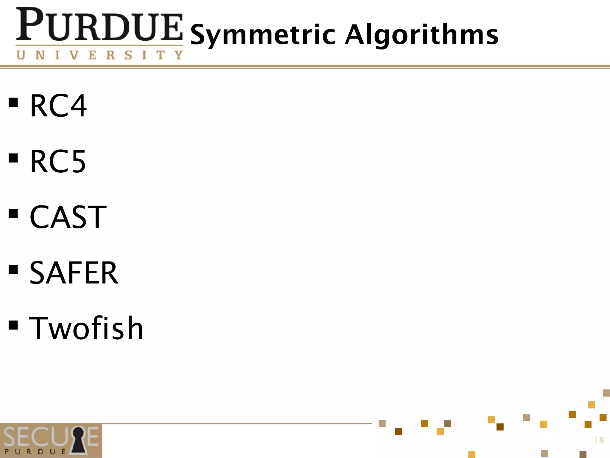 Symmetric Algorithms
 RC4
 RC5
 CAST
 SAFER
 Twofish
18
 
