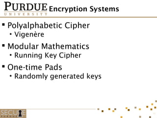 Encryption Systems
 Polyalphabetic Cipher
• Vigenère
 Modular Mathematics
• Running Key Cipher
 One-time Pads
• Randomly generated keys
12
 