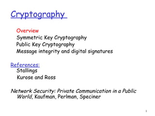 1
Cryptography
Overview
Symmetric Key Cryptography
Public Key Cryptography
Message integrity and digital signatures
References:
Stallings
Kurose and Ross
Network Security: Private Communication in a Public
World, Kaufman, Perlman, Speciner
 