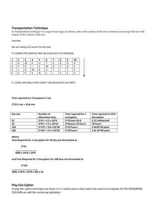 Transportation Technique
In Transportation technique we assign fixed range of column, and in that column all the text is entered and encrypt the text with
respect to the column of the row
Example
We are taking 10 Column for the text
P= COMPUTER GRAPHIC MAY BE SLOW BUT ITS EXPENSIVE
1 2 3 4 5 6 7 8 9 10
C O M P U T E R G R
A P H I C M A Y B E
S L O W B U T I T S
E X P E N S I V E Z
E= CAESE OPS MHLE PIOX UCWP T BE EMUN RATS GYII RBTV
Time required at 1 Encryption/ U sec
2^31 U sec = 35.8 min
Key size Number of
Alternative Keys
Time required for 1
encryption
Time required at 10^6
Decryption
32 2^31 = 4.3 x 10^9 2^31usec=35.8 2.15 millisecond
56 2^55 = 7.2 x 10^16 2^55usec=10 hours 10 hours
128 2^127 = 3.4 x 10^38 2^127usec= 5.4x10^18 years
168 2^167 = 3.7 x 10^50 2^167usec= 5.9x 10^30 years
Where
Time Required for 1 encryption for 56 Key size formulated as
2^55
________________
3600 x 10^6 x 10^6
and Time Required for 1 Encryption for 168 keys are formulated as
2^167
____________________
3600 x 10^6 x 10^6 x 365 x 24
Play Fair Cipher
In play fair cipher technique we draw a 5 x 5 matrix and in that matrix the word in encrypted, IN THE REMAINING
COLUMN we add the remaining alphabets
 