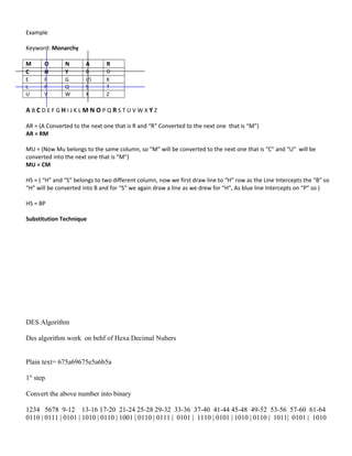 Example
Keyword: Monarchy
M O N A R
C H Y B D
E F G I/J K
L P Q S T
U V W X Z
A B C D E F G H I J K L M N O P Q R S T U V W X Y Z
AR = (A Converted to the next one that is R and “R” Converted to the next one that is “M”)
AR = RM
MU = (Now Mu belongs to the same column, so “M” will be converted to the next one that is “C” and “U” will be
converted into the next one that is “M”)
MU = CM
HS = ( “H” and “S” belongs to two different column, now we first draw line to “H” row as the Line Intercepts the “B” so
“H” will be converted into B and for “S” we again draw a line as we drew for “H”, As blue line Intercepts on “P” so )
HS = BP
Substitution Technique
DES Algorithm
Des algorithm work on behf of Hexa Decimal Nubers
Plain text= 675a69675e5a6b5a
1st
step
Convert the above number into binary
1234 5678 9-12 13-16 17-20 21-24 25-28 29-32 33-36 37-40 41-44 45-48 49-52 53-56 57-60 61-64
0110 | 0111 | 0101 | 1010 | 0110 | 1001 | 0110 | 0111 | 0101 | 1110 | 0101 | 1010 | 0110 | 1011| 0101 | 1010
 