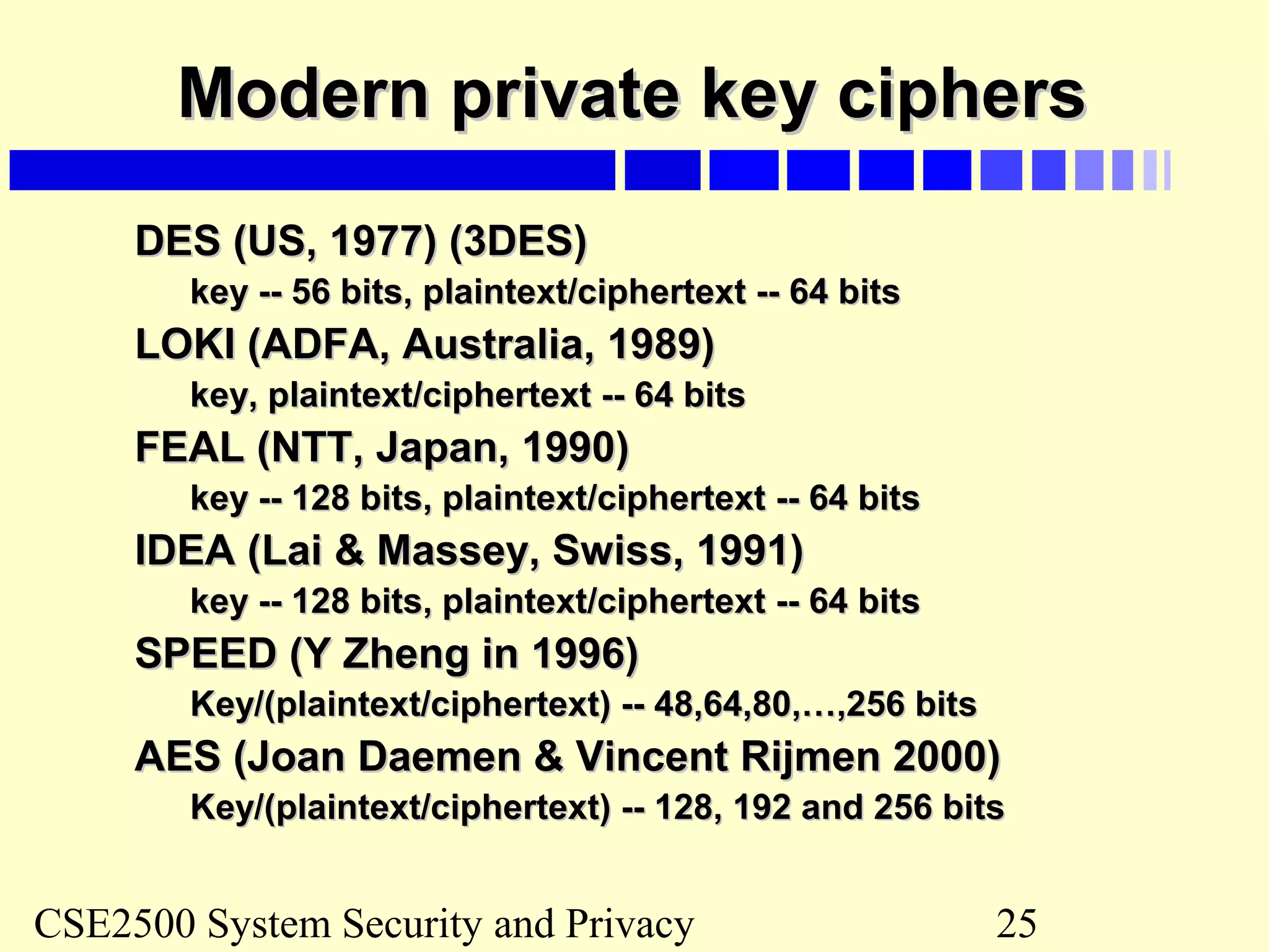 CSE2500 System Security and Privacy 25
Modern private key ciphersModern private key ciphers
DES (US, 1977) (3DES)DES (US, 1977) (3DES)
key -- 56 bits, plaintext/ciphertext -- 64 bitskey -- 56 bits, plaintext/ciphertext -- 64 bits
LOKI (ADFA, Australia, 1989)LOKI (ADFA, Australia, 1989)
key, plaintext/ciphertext -- 64 bitskey, plaintext/ciphertext -- 64 bits
FEAL (NTT, Japan, 1990)FEAL (NTT, Japan, 1990)
key -- 128 bits, plaintext/ciphertext -- 64 bitskey -- 128 bits, plaintext/ciphertext -- 64 bits
IDEA (Lai & Massey, Swiss, 1991)IDEA (Lai & Massey, Swiss, 1991)
key -- 128 bits, plaintext/ciphertext -- 64 bitskey -- 128 bits, plaintext/ciphertext -- 64 bits
SPEED (Y Zheng in 1996)SPEED (Y Zheng in 1996)
Key/(plaintext/ciphertext) -- 48,64,80,…,256 bitsKey/(plaintext/ciphertext) -- 48,64,80,…,256 bits
AES (Joan Daemen & Vincent Rijmen 2000)AES (Joan Daemen & Vincent Rijmen 2000)
Key/(plaintext/ciphertext) -- 128, 192 and 256 bitsKey/(plaintext/ciphertext) -- 128, 192 and 256 bits
 