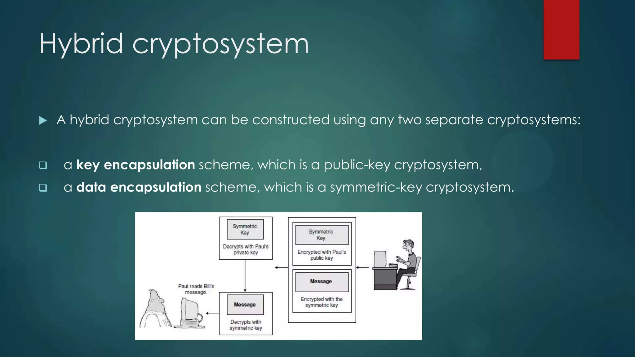 Hybrid cryptosystem
 A hybrid cryptosystem can be constructed using any two separate cryptosystems:
 a key encapsulation scheme, which is a public-key cryptosystem,
 a data encapsulation scheme, which is a symmetric-key cryptosystem.
 