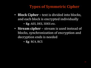 Types of Symmetric Cipher
• Block Cipher – text is divided into blocks,
and each block is encrypted individually
• Eg: AES, DES, 3DES etc.
• Stream cipher – stream is used instead of
blocks, synchronization of encryption and
decryption ends is needed
• Eg: RC4, RC5
11
 