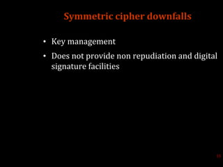 Symmetric cipher downfalls
• Key management
• Does not provide non repudiation and digital
signature facilities
13
 
