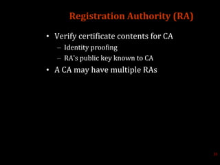 Registration Authority (RA)
• Verify certificate contents for CA
– Identity proofing
– RA's public key known to CA
• A CA may have multiple RAs
31
 