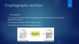 Cryptography sections
 Encryption :
It is turning information into incomprehensible symbols using encryption
algorithms process.
It includes encryption texts, images, audio, ...
The picture shows texts encryption process:
7
 