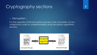 Cryptography sections
 Decryption :
It is the opposite of the encryption process is the conversion of non-
understood codes to understandable using Decryption algorithms
process.
8
 