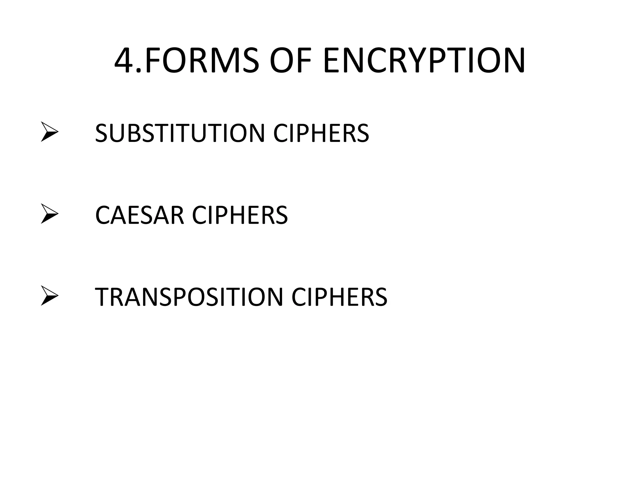 4.FORMS OF ENCRYPTION
 SUBSTITUTION CIPHERS
 CAESAR CIPHERS
 TRANSPOSITION CIPHERS
 