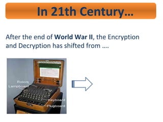 In 21th Century…
After the end of World War II, the Encryption
and Decryption has shifted from ….
 