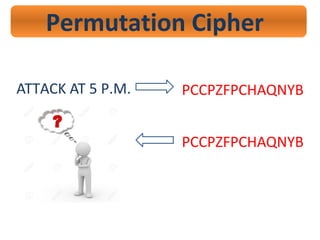 Permutation Cipher
ATTACK AT 5 P.M. PCCPZFPCHAQNYB
PCCPZFPCHAQNYB
 