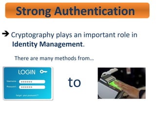 Strong Authentication
 Cryptography plays an important role in
Identity Management.
There are many methods from…
to
 