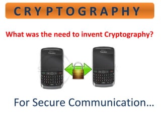 C R Y P T O G R A P H Y
What was the need to invent Cryptography?
For Secure Communication…
 