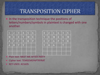  In the transposition technique the positions of
letters/numbers/symbols in plaintext is changed with one
another.
 Plain text: MEET ME AFTER PARTY
 Cipher text: TEMEEMEFAPTRYRAT
 KEY USED: 421635
1 2 3 4 5 6
M E E T M E
A F T E R P
A R T Y
4 2 1 6 3 5
T E M E E M
E F A P T R
Y R A T
 
