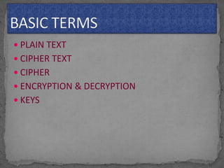  PLAIN TEXT
 CIPHER TEXT
 CIPHER
 ENCRYPTION & DECRYPTION
 KEYS
 