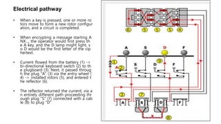Electrical pathway
• When a key is pressed, one or more ro
tors move to form a new rotor configur
ation, and a circuit is completed.
• When encrypting a message starting A
NX..., the operator would first press th
e A key, and the D lamp might light, s
o D would be the first letter of the cip
hertext.
• Current flowed from the battery (1) ->
bi-directional keyboard switch (2) to th
e plugboard (3). Next, it passed throug
h the plug "A" (3) via the entry wheel (
4) -> installed rotors (5), and entered t
he reflector (6).
• The reflector returned the current, via a
n entirely different path proceeding thr
ough plug "S" (7) connected with a cab
le (8) to plug "D"
 
