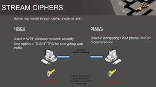 Some real world stream cipher systems are :
1)RC4
Used in WEP wireless network security.
One option in TLS/HTTPS for encrypting web
traffic.
STREAM CIPHERS
2)A5/1
Used in encrypting GSM phone data an
d conversation.
 