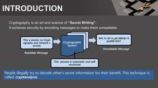 INTRODUCTION
Cryptography is an art and science of “Secret Writing”.
It achieves security by encoding messages to make them unreadable.
This process is systematic and well
structured
R#5 %>&”m,:p0-S89!@>$
jhnlO0-$557
This a session on Crypt
ography and network s
ecurity
Cryptographic
System
Unreadable Message
Readable Message
People illegally try to decode other’s secret information for their benefit. This technique is
called cryptanalysis.
 