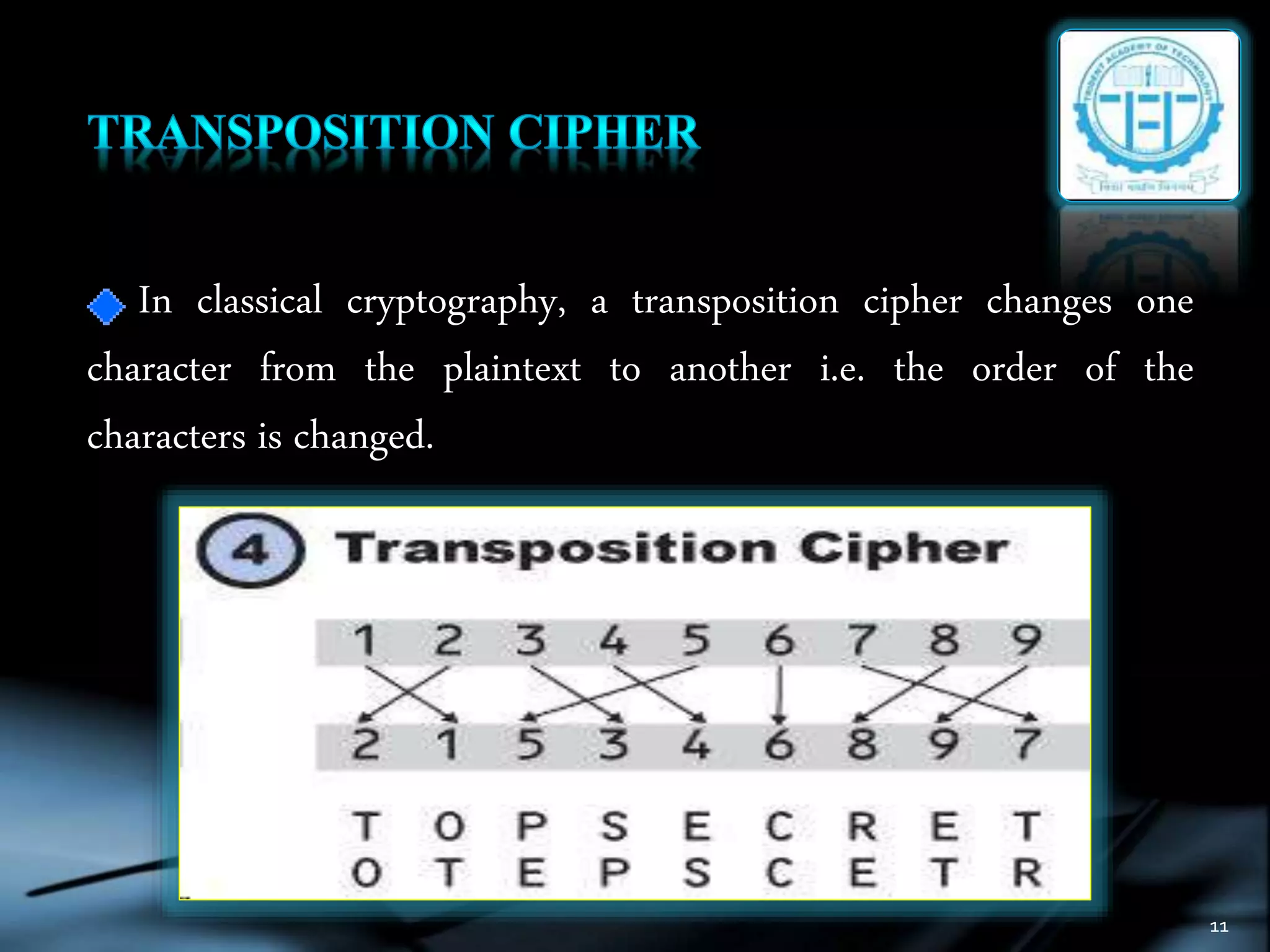 11
In classical cryptography, a transposition cipher changes one
character from the plaintext to another i.e. the order of the
characters is changed.
 