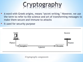 • A word with Greek origins, means "secret writing." However, we use
the term to refer to the science and art of transforming messages to
make them secure and immune to attacks
• It used for security purpose
 