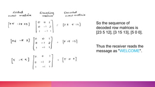 So the sequence of
decoded row matrices is
[23 5 12], [3 15 13], [5 0 0].
Thus the receiver reads the
message as "WELCOME".
 