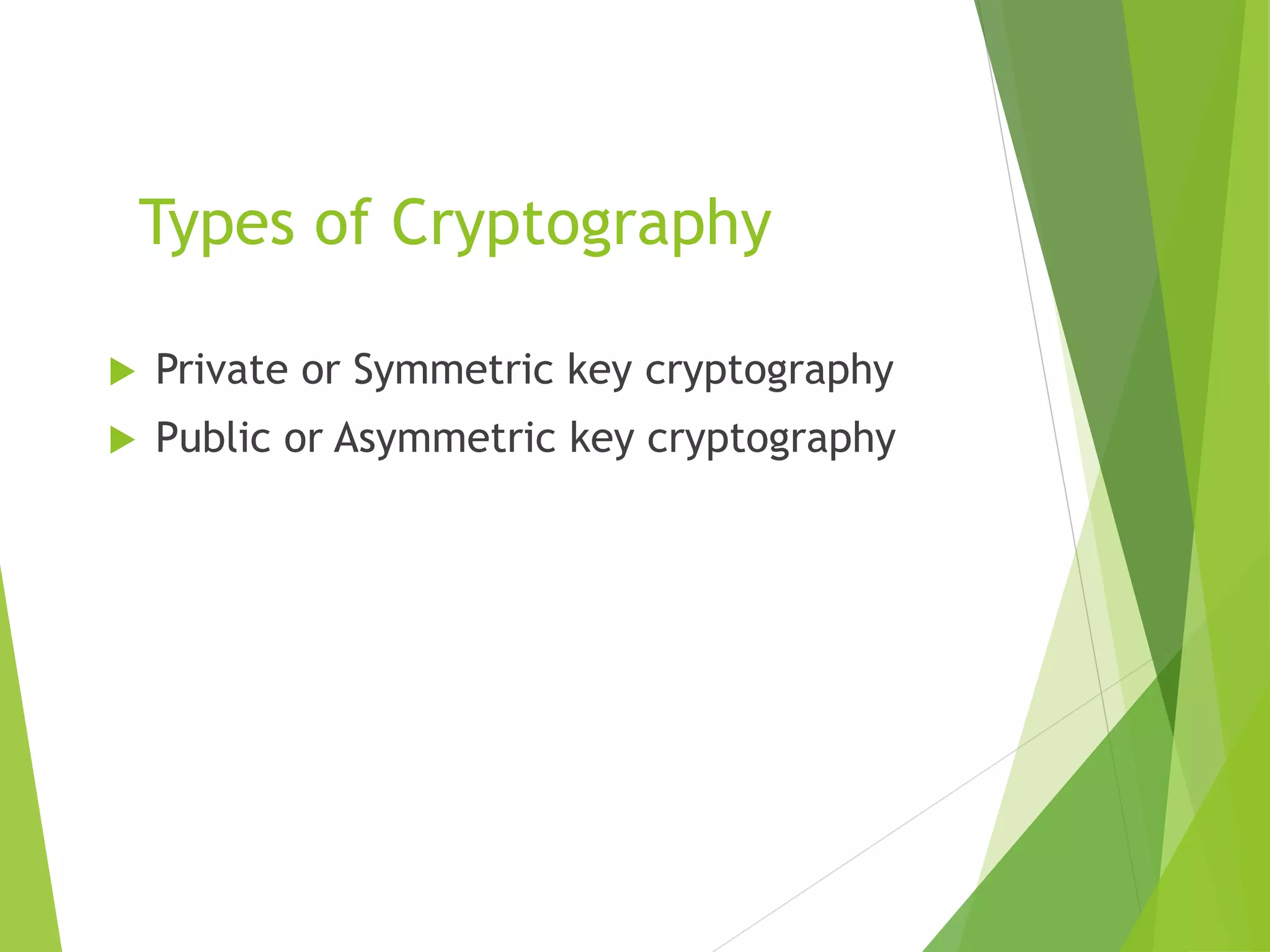 Types of Cryptography
 Private or Symmetric key cryptography
 Public or Asymmetric key cryptography
 