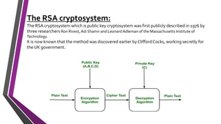 The RSA cryptosystem:
The RSA cryptosystem which is public key cryptosystem was first publicly described in 1976 by
three researchers Ron Rivest,Adi Shamir and Leonard Adleman of the Massachusetts Institute of
Technology.
It is now known that the method was discovered earlier by Clifford Cocks, working secretly for
the UK government.
 