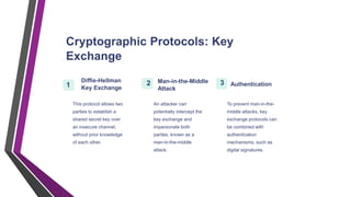 Cryptographic Protocols: Key
Exchange
1
Diffie-Hellman
Key Exchange
This protocol allows two
parties to establish a
shared secret key over
an insecure channel,
without prior knowledge
of each other.
2 Man-in-the-Middle
Attack
An attacker can
potentially intercept the
key exchange and
impersonate both
parties, known as a
man-in-the-middle
attack.
3 Authentication
To prevent man-in-the-
middle attacks, key
exchange protocols can
be combined with
authentication
mechanisms, such as
digital signatures.
 