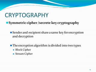 CRYPTOGRAPHY
15
⚫Symmetric cipher /secrete keycryptography
⚫Senderand recipient share a same key forencryption
and decryption
⚫Theencryption algorithm is divided into two types
⚫ Block Cipher
⚫ Stream Cipher
 