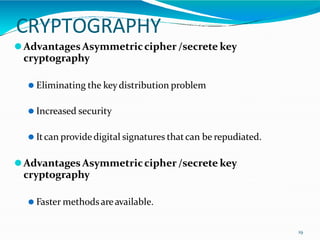 CRYPTOGRAPHY
19
⚫AdvantagesAsymmetriccipher/secrete key
cryptography
⚫ Eliminating the keydistribution problem
⚫ Increased security
⚫ Itcan providedigital signatures thatcan be repudiated.
⚫Advantages Asymmetriccipher/secrete key
cryptography
⚫ Faster methodsareavailable.
 