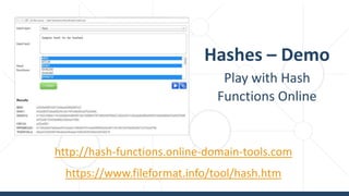 Hashes – Demo
Play with Hash
Functions Online
http://hash-functions.online-domain-tools.com
https://www.fileformat.info/tool/hash.htm
 